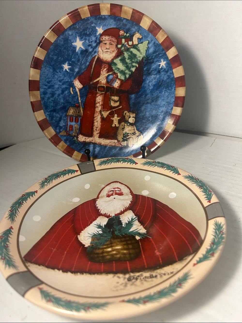 Christmas Santa Decorative Plates - Red, Blue 8 inch